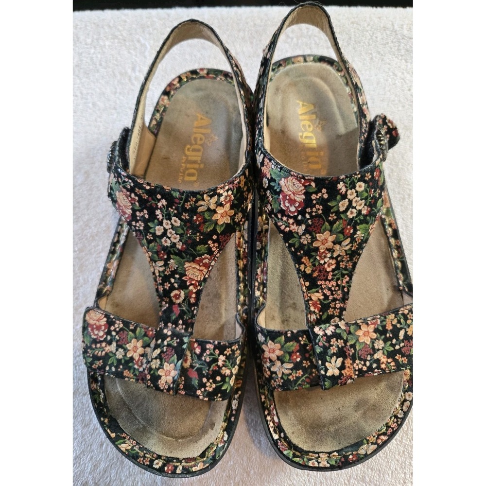 Alegria Kendra Black Mosaic Hummingbird Leather Sandals Women's Sz 37/8 Adjust.